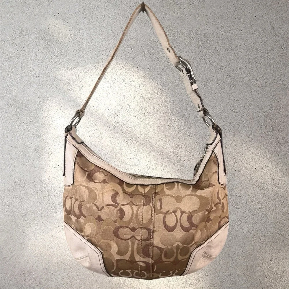 Vintage COACH Hamptons Signature Hobo Shoulder Bag White Leather Trim Y2K 11811